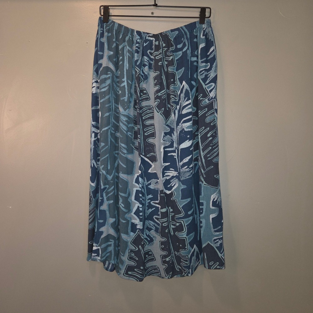 Tropical Leaf Print Pull On Midi Skirt Women's Size L Blue